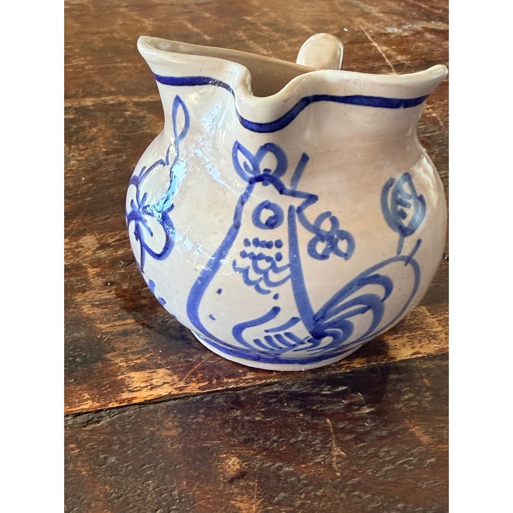 3.5" Vietri Creamer Pitcher White Blue Handpainted Rooster Italy Farmhouse